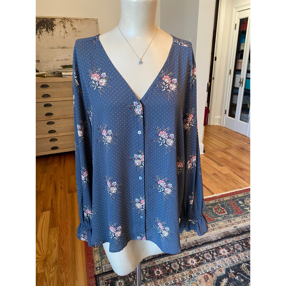 LOFT Women Blue Floral Polka Dot V-Neck Button Front Ruffle Cuff Blouse L